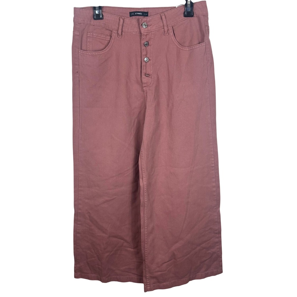 NWT Ethnic Pants Womens 30 Pink Wide Leg Button Fly High Waist Cotton Denim